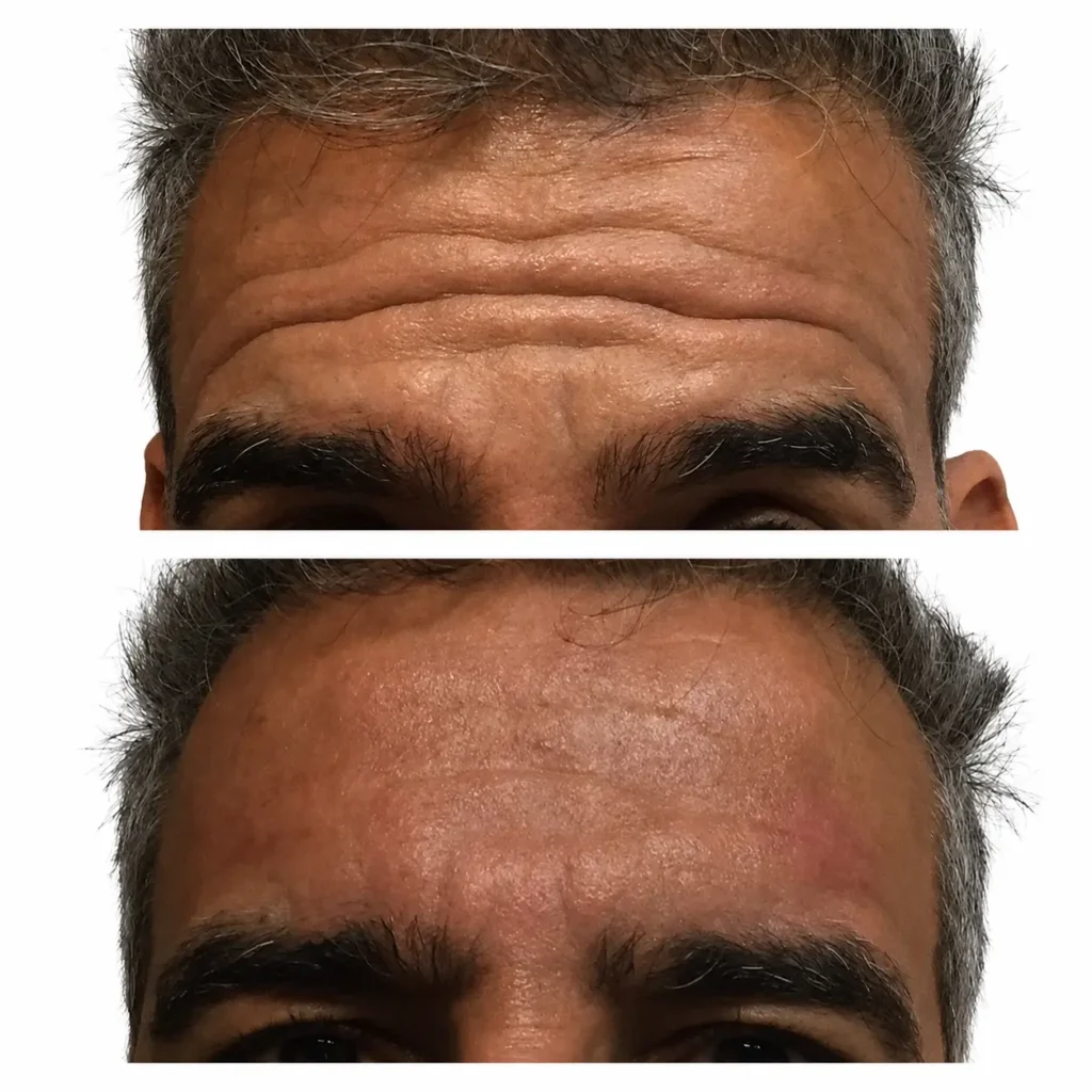 Botox before and after in Dubai by Dr. Azra Vaziri — deep forehead lines smoothed in a male patient