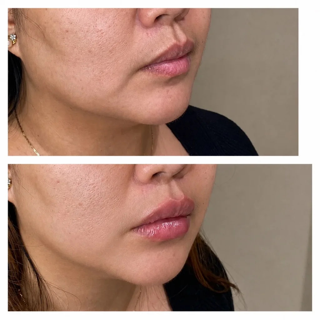 Lip filler before and after by Dr. Azra Vaziri in Dubai &mdash; balanced projection, side profile
