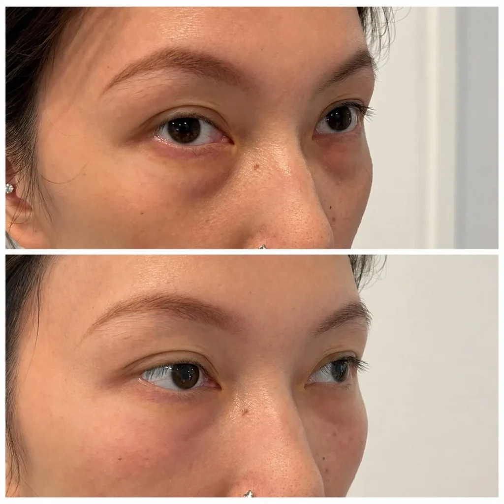 Under-eye before and after in Dubai by Dr. Azra Vaziri — hollowing softened and the shadow lifted
