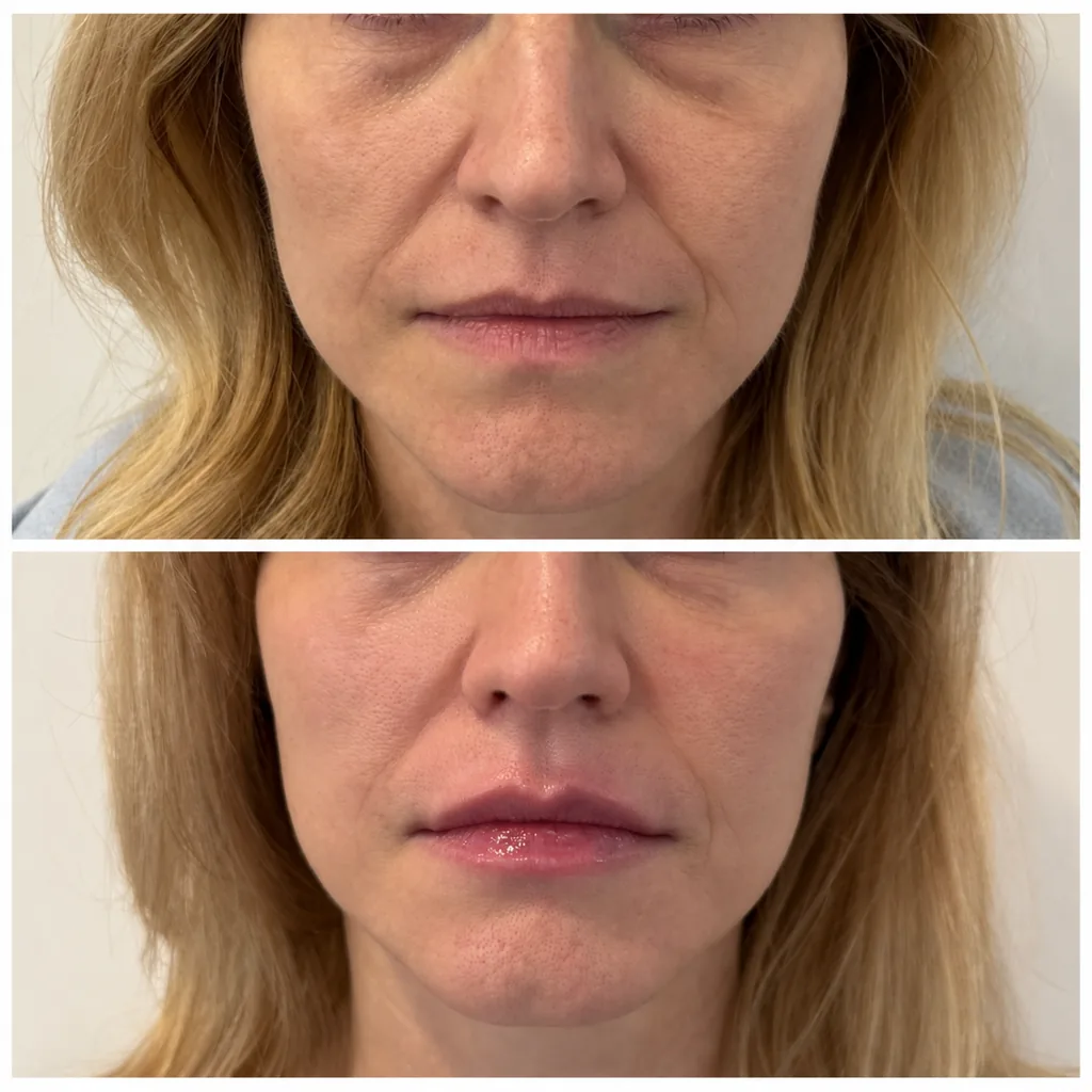 Full face filler before and after in Dubai by Dr. Azra Vaziri — front view, several areas balanced in one plan, before (top) and after (bottom)