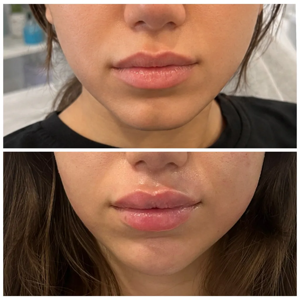 Lip and chin filler before and after in Dubai by Dr. Azra Vaziri — fuller lips and a better-projected chin, before (top) and after (bottom)