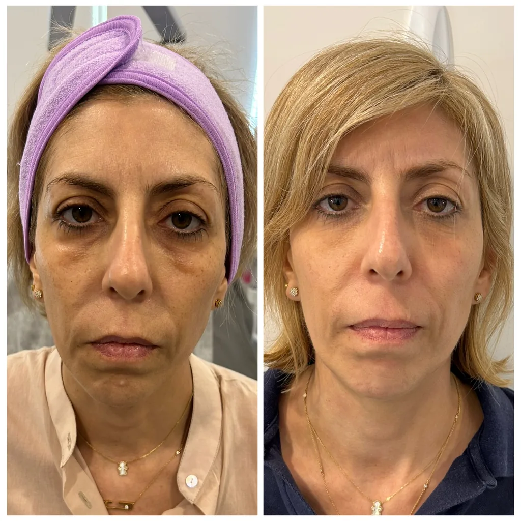 Radiesse before and after in Dubai by Dr. Azra Vaziri — a fresher, firmer face without an overfilled look, before (left) and after (right)